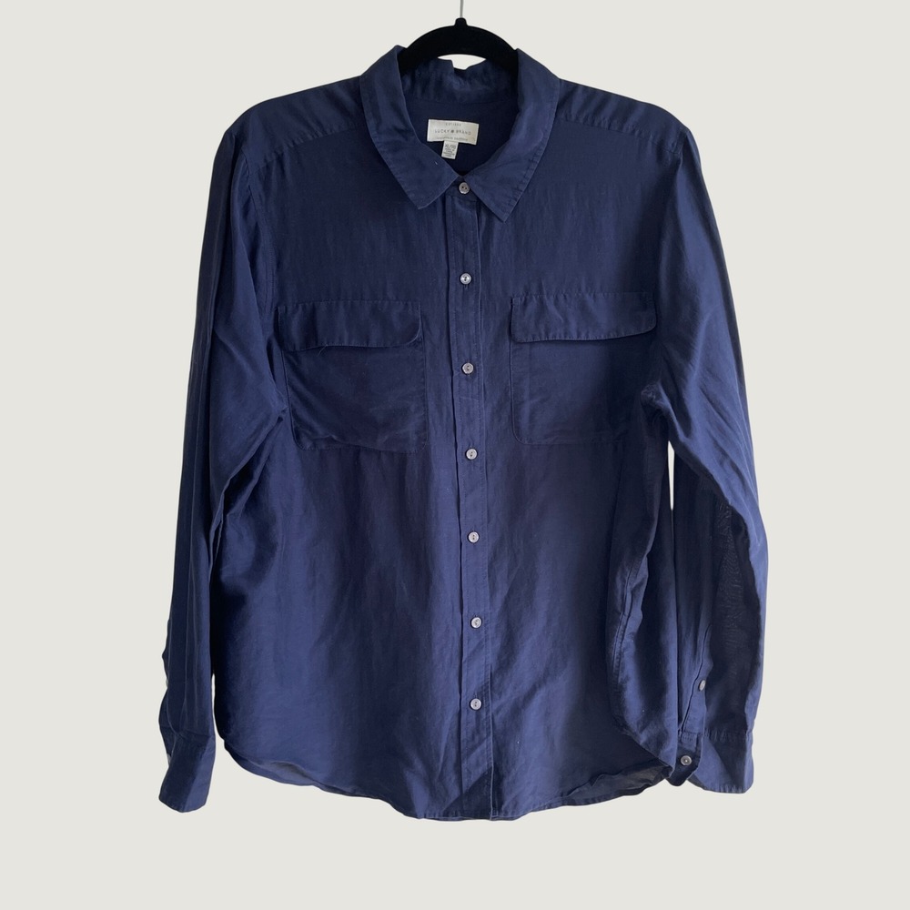 Lucky Brand Button Down Shirt Navy Blue Silk Blend Utility Pocket XL